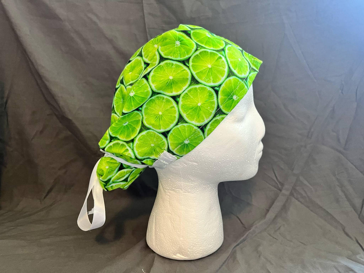 Lime Citrus Print Ponytail Scrub Cap: Euro Bouffant Style