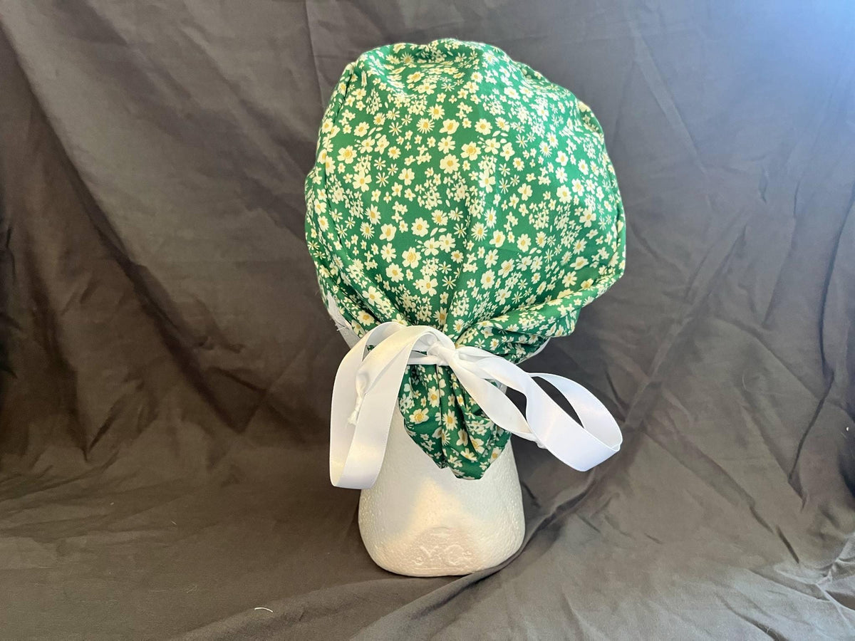Daisy Floral Ponytail Scrub Cap: Euro Bouffant Style, Handmade Cotton