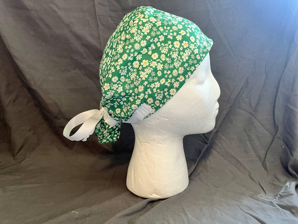 Daisy Floral Ponytail Scrub Cap: Euro Bouffant Style, Handmade Cotton