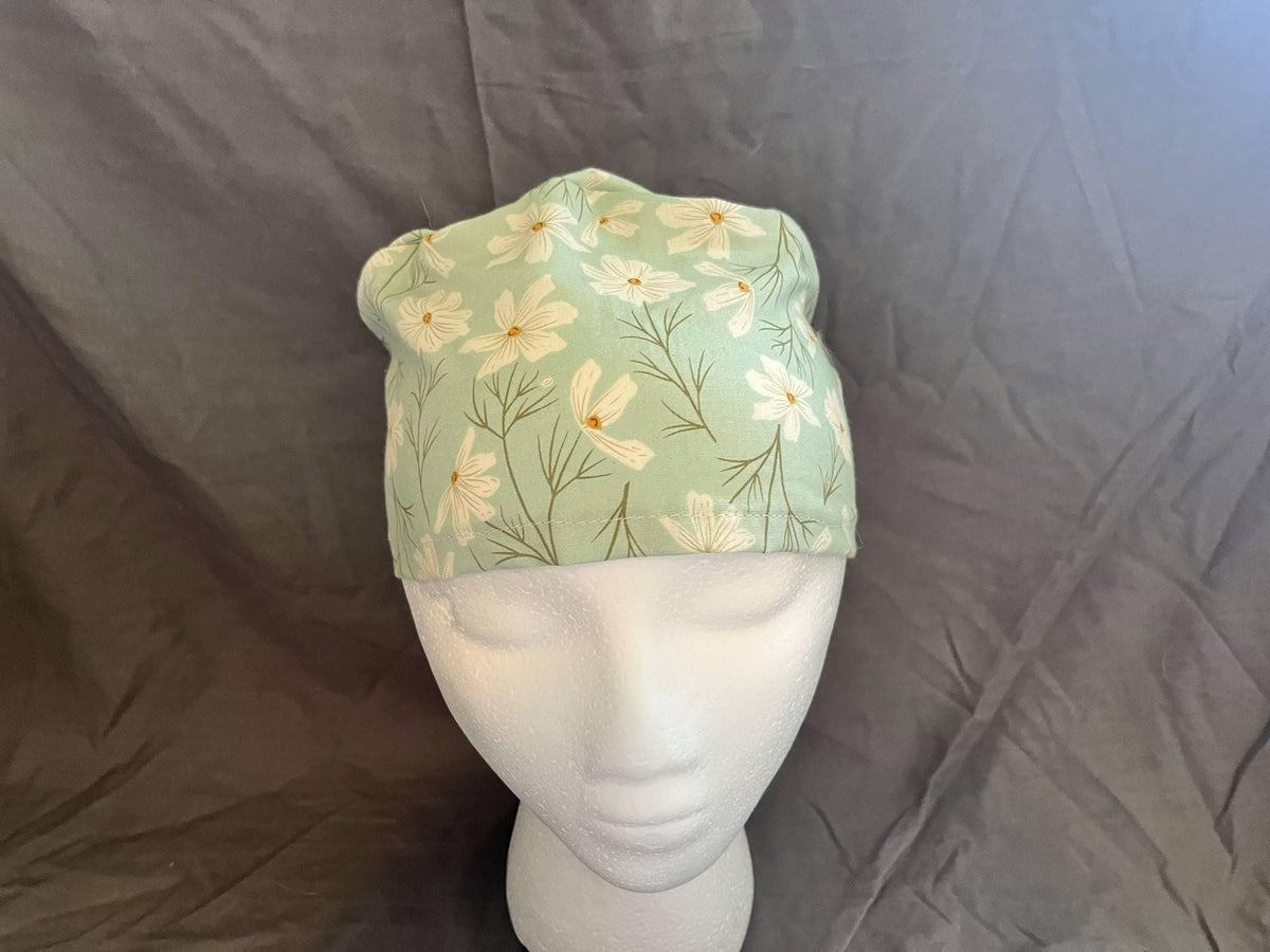Blue Daisy Floral Ponytail Scrub Cap: Euro Bouffant Style