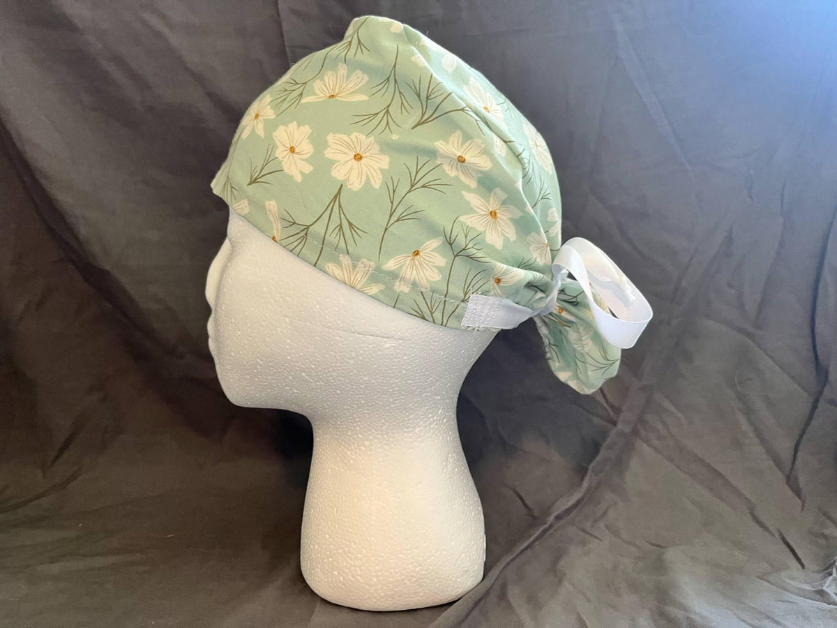 Blue Daisy Floral Ponytail Scrub Cap: Euro Bouffant Style