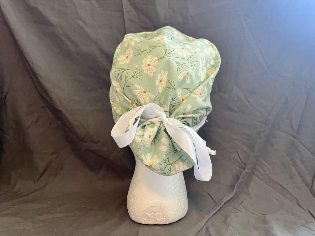 Blue Daisy Floral Ponytail Scrub Cap: Euro Bouffant Style