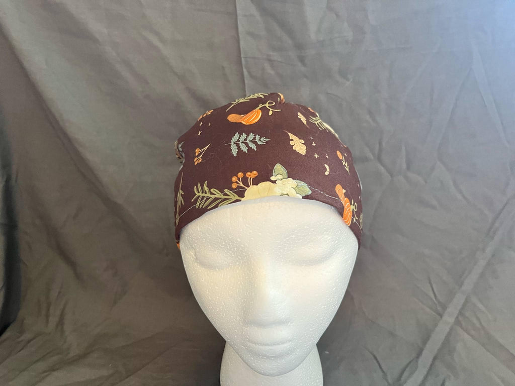 Pumpkin Print Ponytail Scrub Cap: Euro Bouffant Cotton Surgical Hat