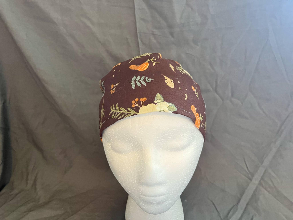Pumpkin Print Ponytail Scrub Cap: Euro Bouffant Cotton Surgical Hat