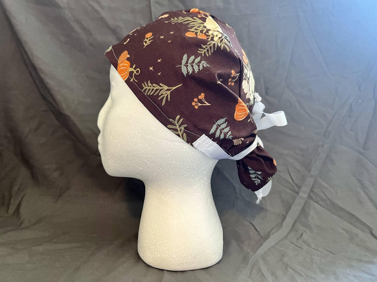 Pumpkin Print Ponytail Scrub Cap: Euro Bouffant Cotton Surgical Hat