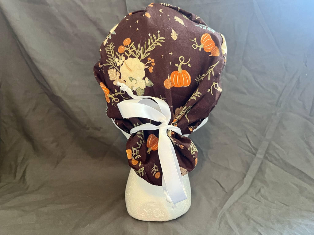 Pumpkin Print Ponytail Scrub Cap: Euro Bouffant Cotton Surgical Hat