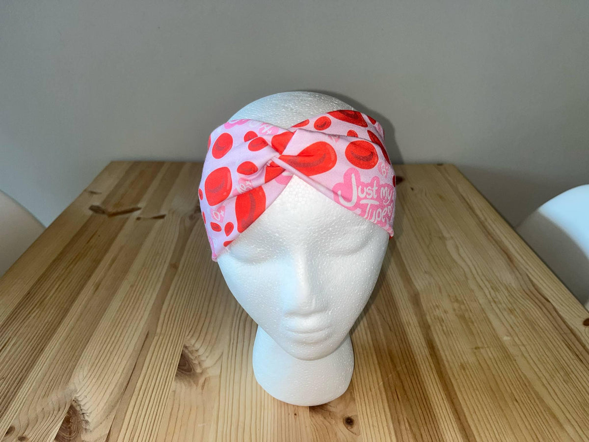 Wide Turban Twist Headband Hairband- Red and Pink Bloodtype Medical Print Phlebotomy Bloodwork Hematology