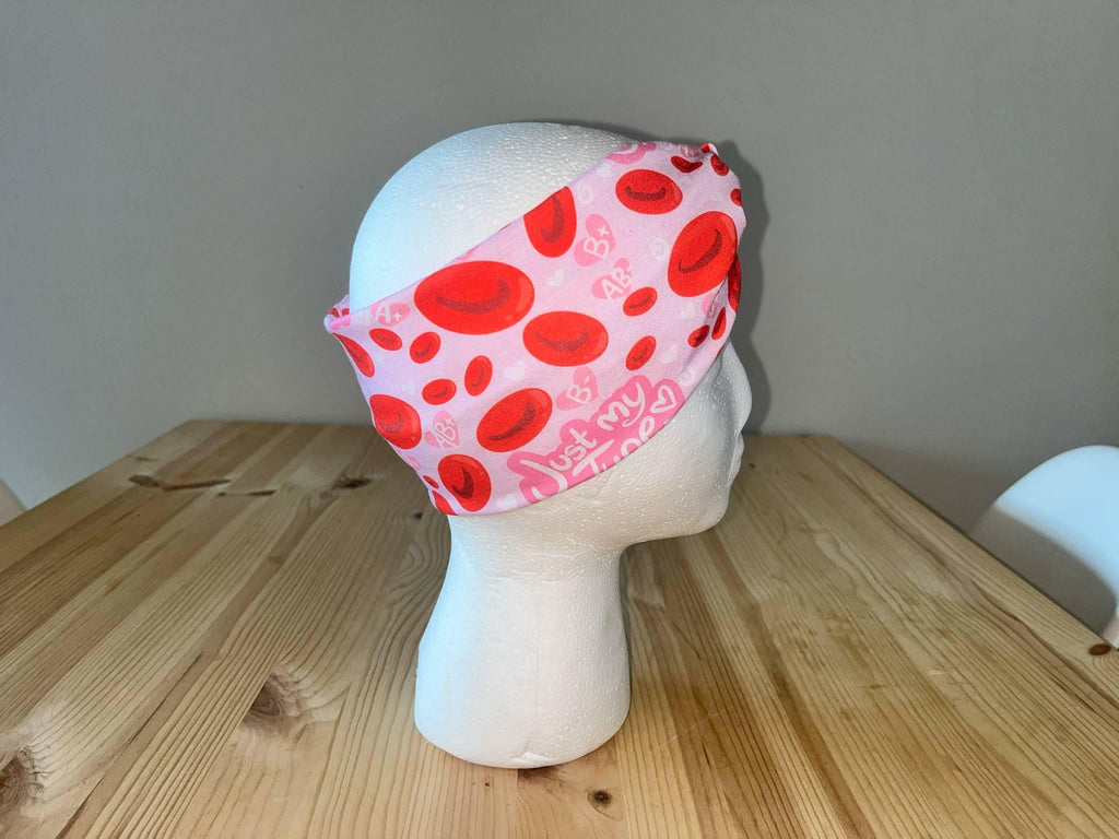 Wide Turban Twist Headband Hairband- Red and Pink Bloodtype Medical Print Phlebotomy Bloodwork Hematology