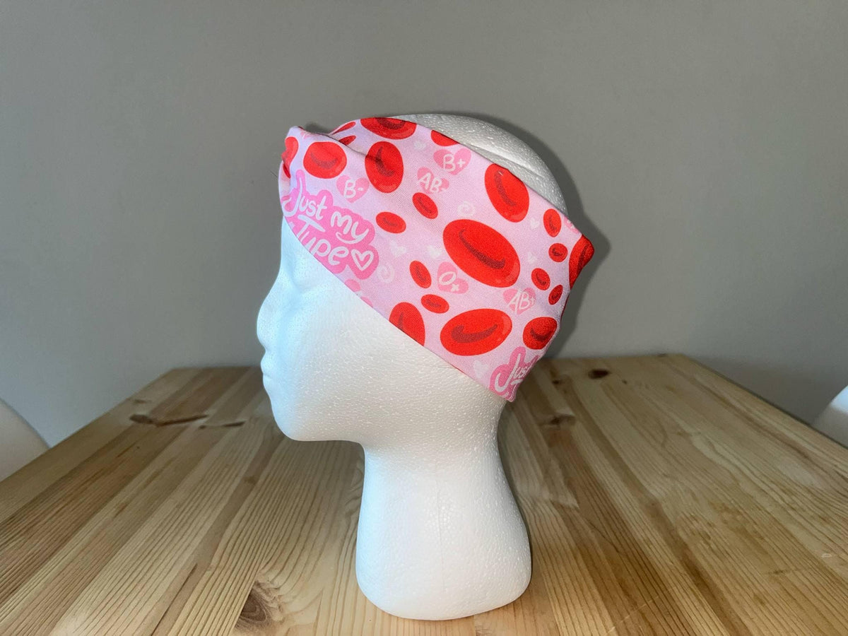 Wide Turban Twist Headband Hairband- Red and Pink Bloodtype Medical Print Phlebotomy Bloodwork Hematology