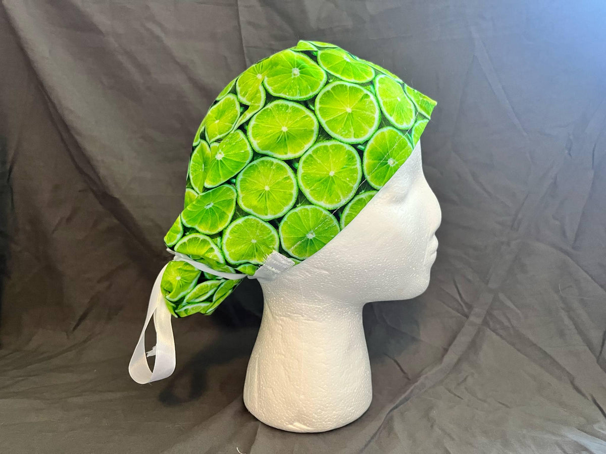 Lime Citrus Print Ponytail Scrub Cap: Euro Bouffant Style