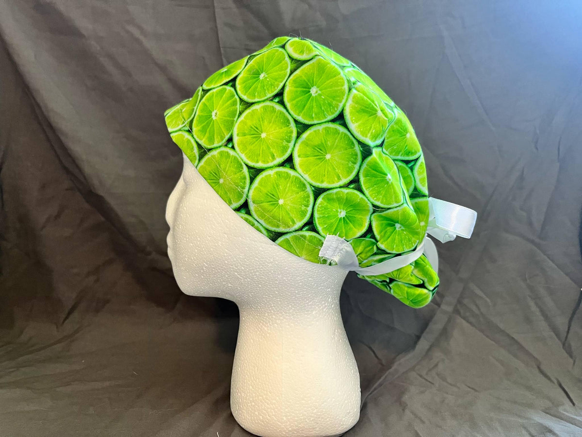 Lime Citrus Print Ponytail Scrub Cap: Euro Bouffant Style