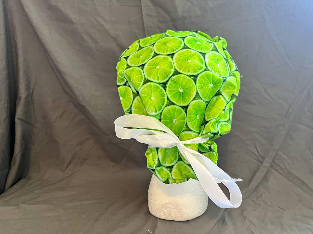Lime Citrus Print Ponytail Scrub Cap: Euro Bouffant Style
