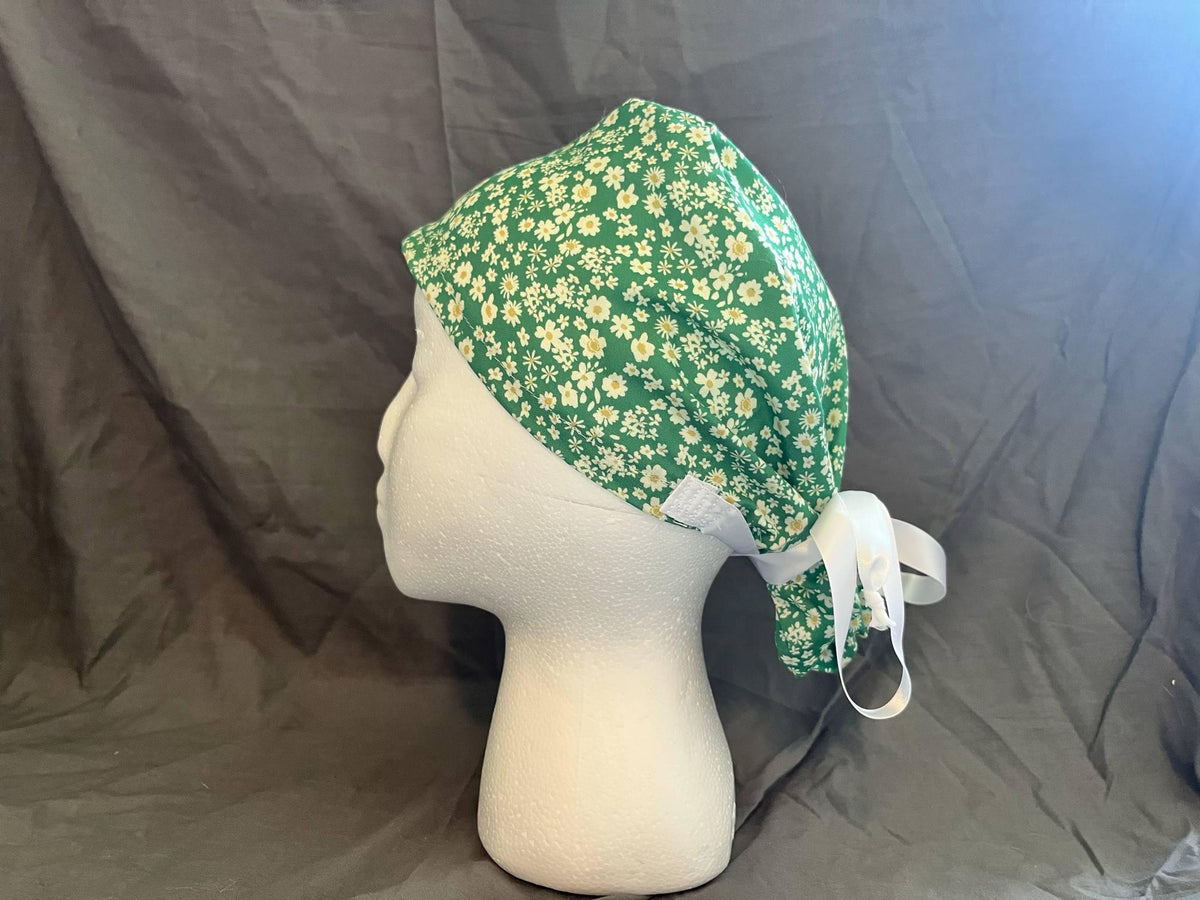 Daisy Floral Ponytail Scrub Cap: Euro Bouffant Style, Handmade Cotton