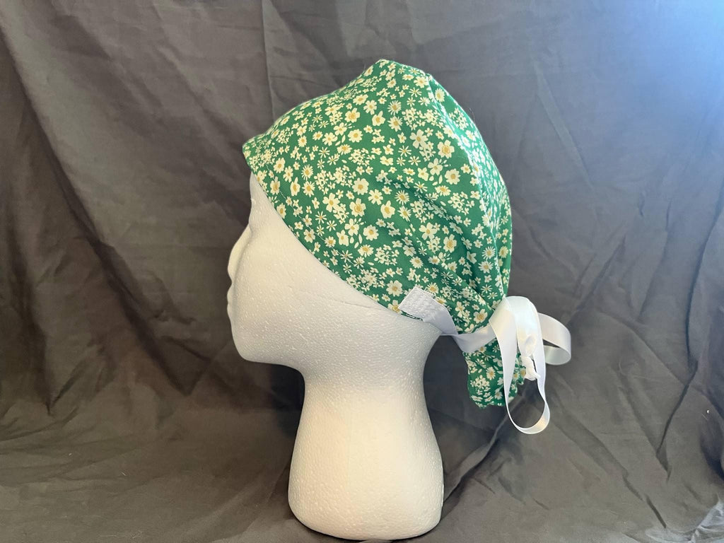 Daisy Floral Ponytail Scrub Cap: Euro Bouffant Style, Handmade Cotton