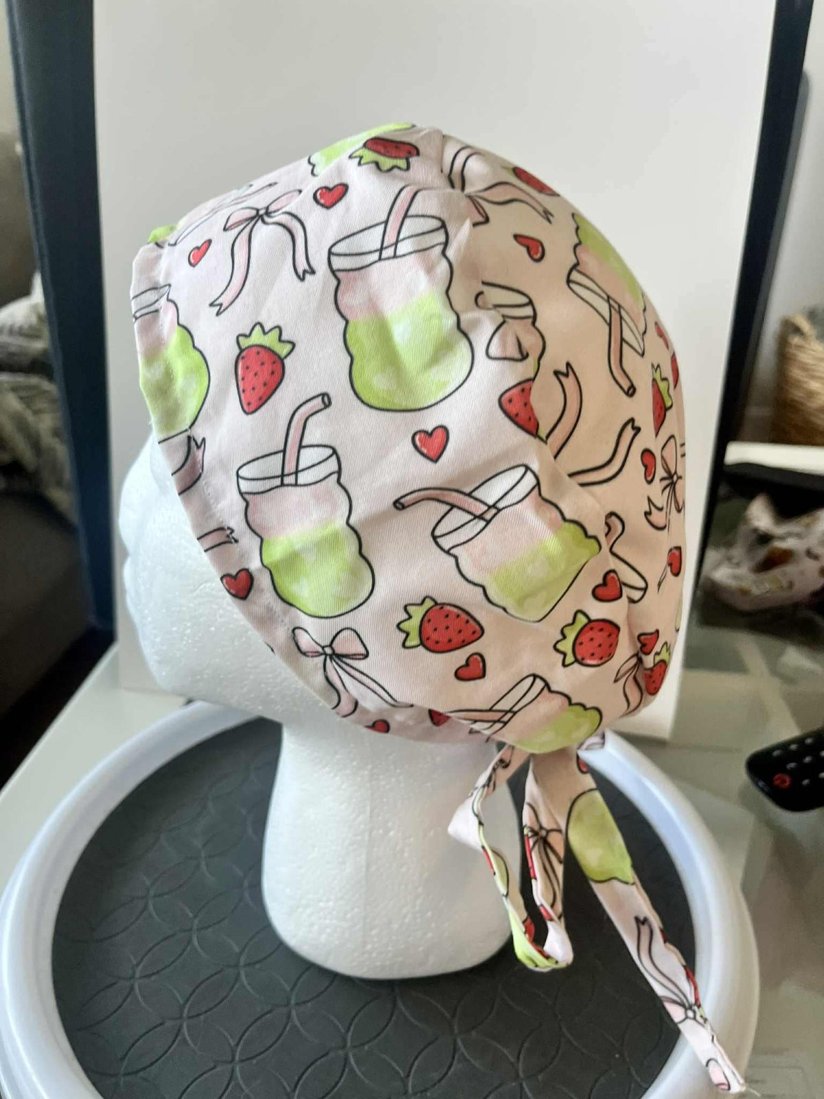 Strawberry Matcha Print Scrub Cap: Cotton Tie-Back Medical Hat