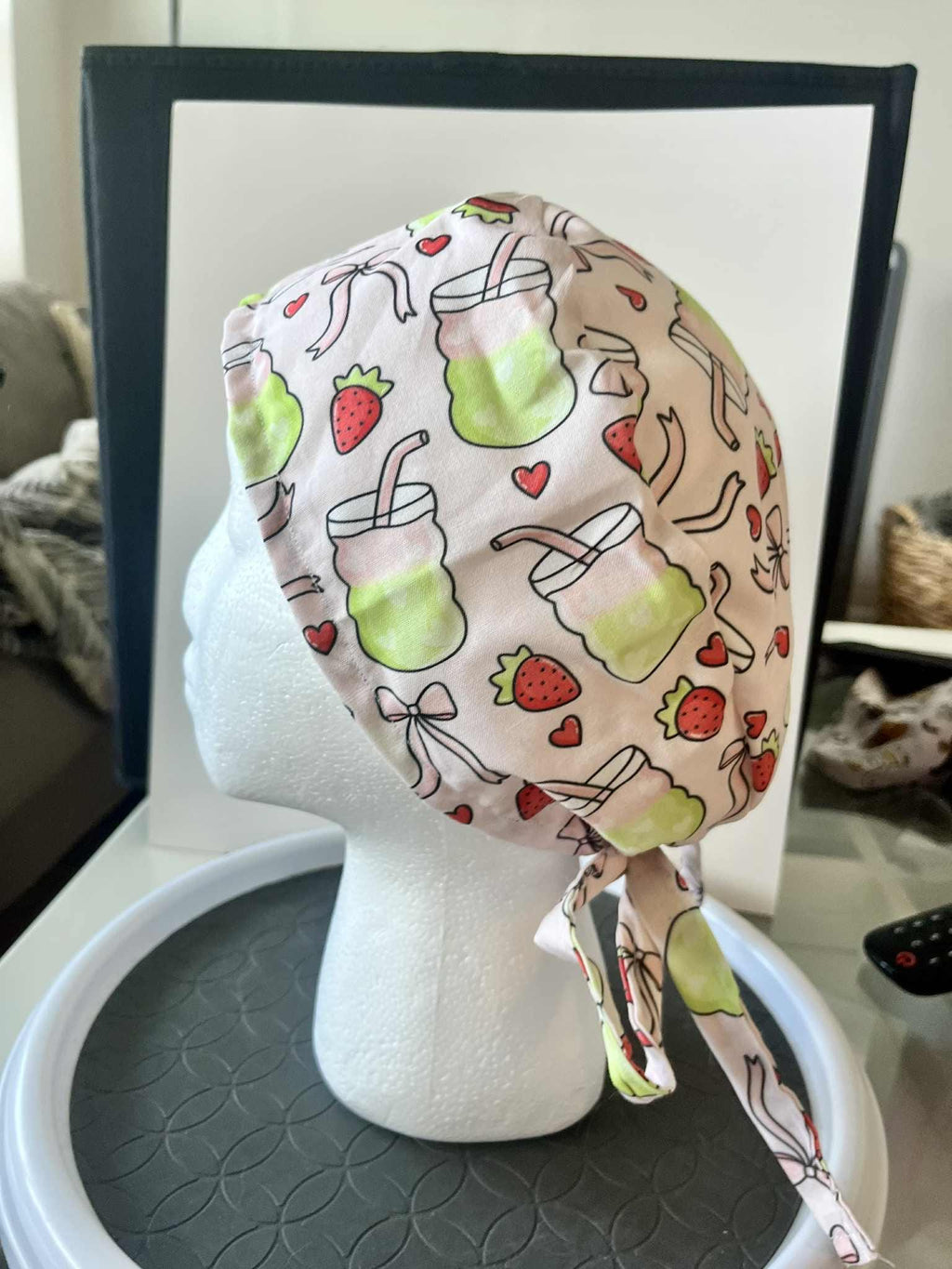 Strawberry Matcha Print Scrub Cap: Cotton Tie-Back Medical Hat