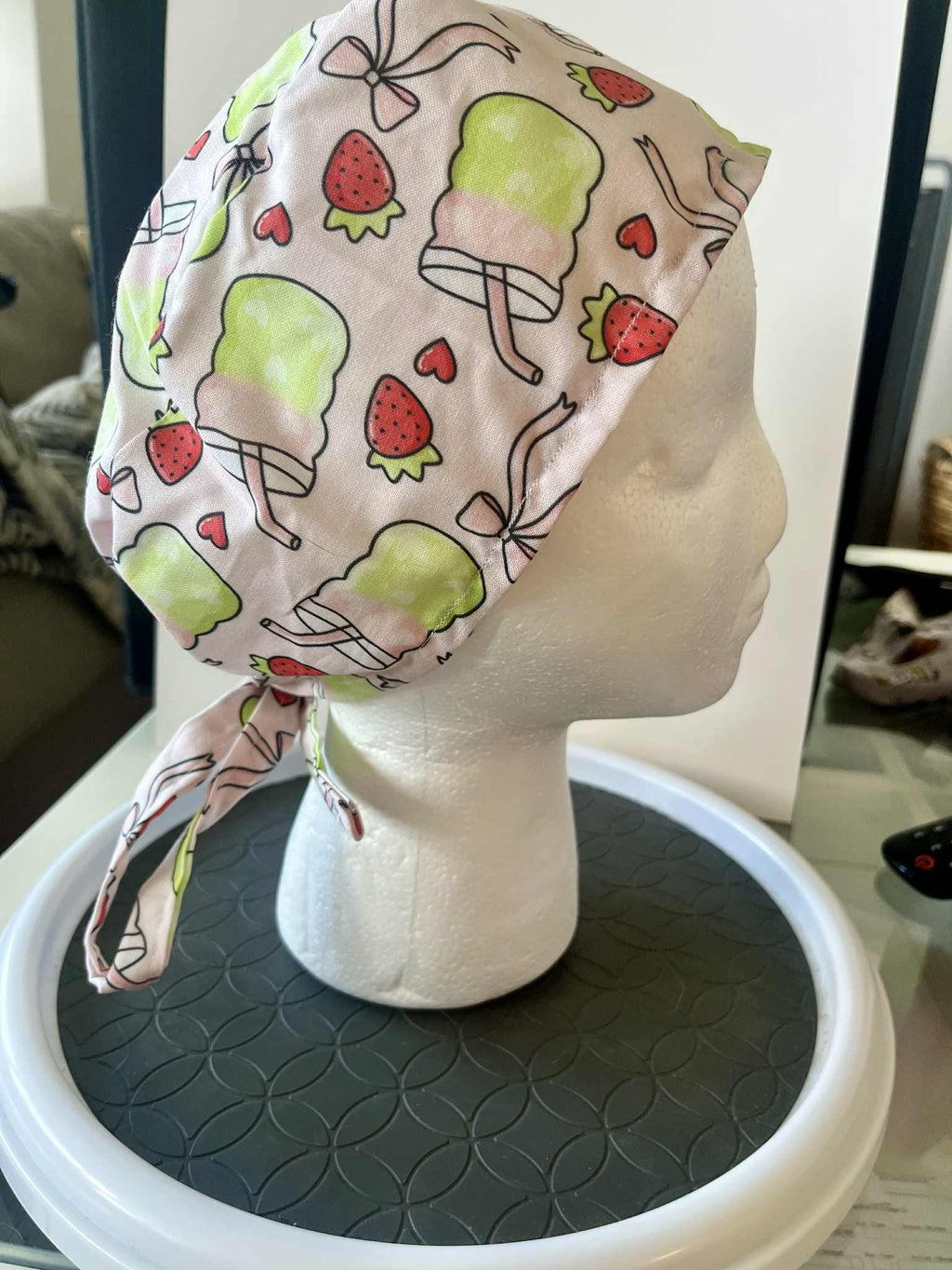 Strawberry Matcha Print Scrub Cap: Cotton Tie-Back Medical Hat
