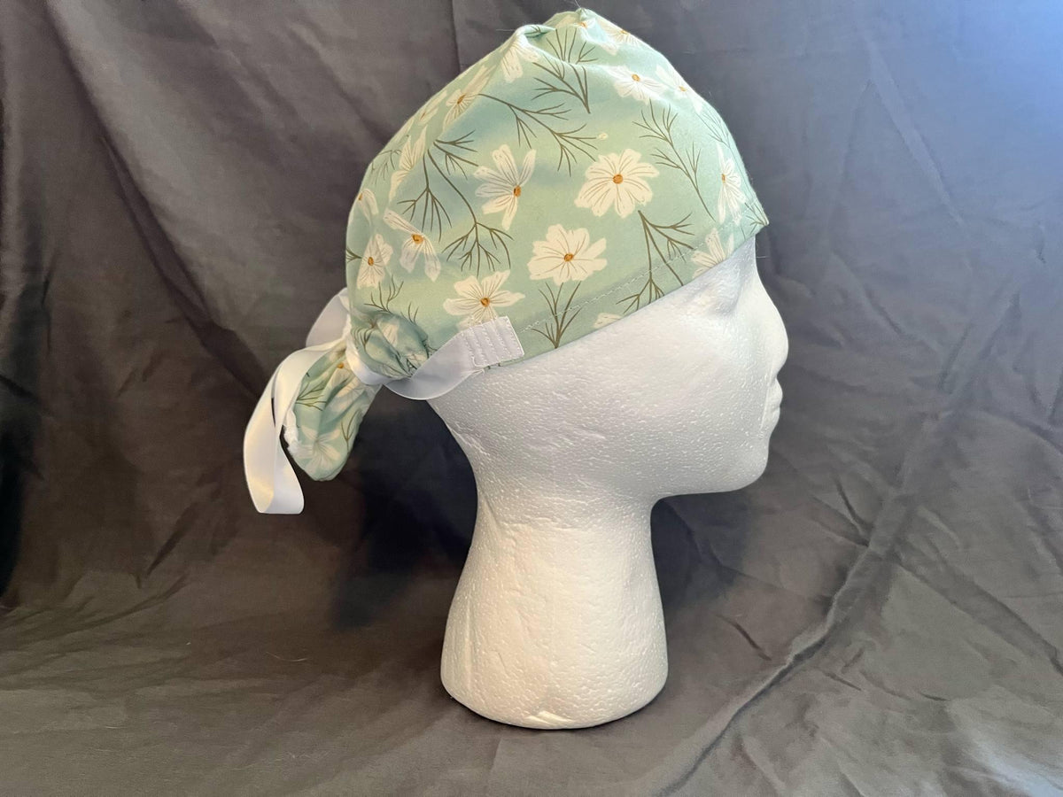 Blue Daisy Floral Ponytail Scrub Cap: Euro Bouffant Style