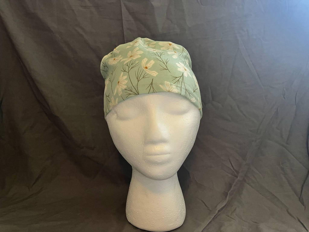 Blue Daisy Floral Ponytail Scrub Cap: Euro Bouffant Style
