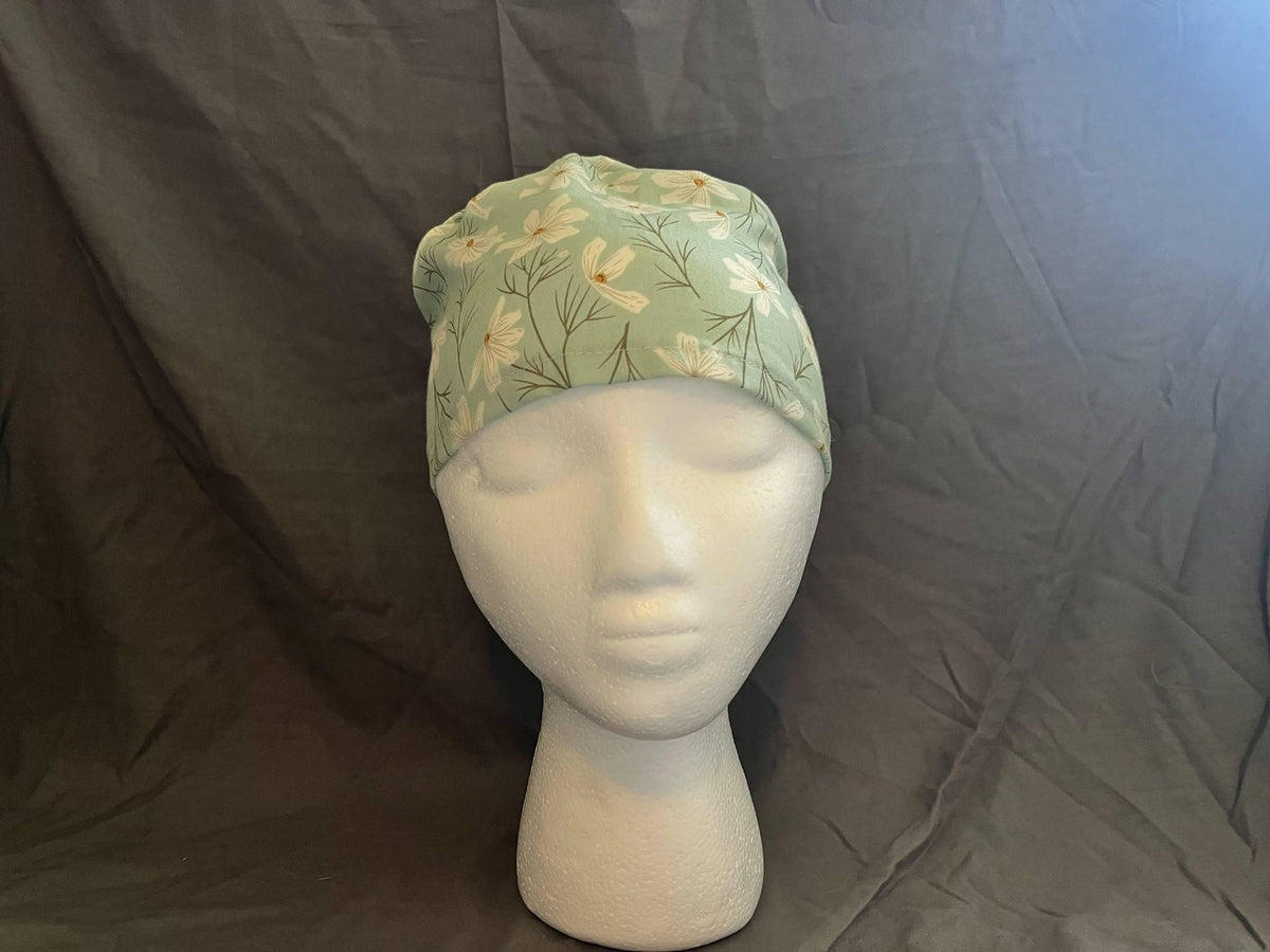 Blue Daisy Floral Ponytail Scrub Cap: Euro Bouffant Style