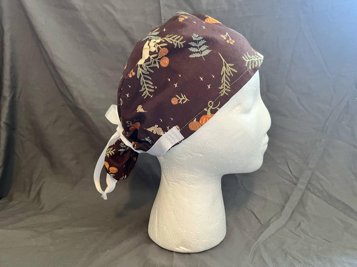 Pumpkin Print Ponytail Scrub Cap: Euro Bouffant Cotton Surgical Hat