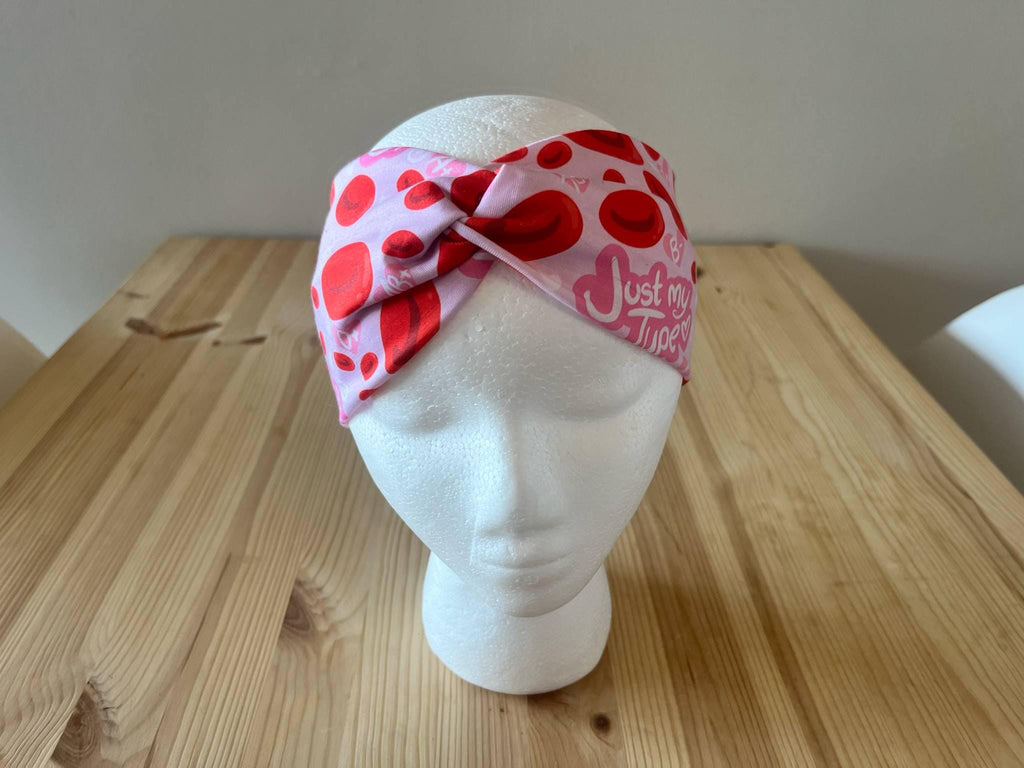 Wide Turban Twist Headband Hairband- Red and Pink Bloodtype Medical Print Phlebotomy Bloodwork Hematology