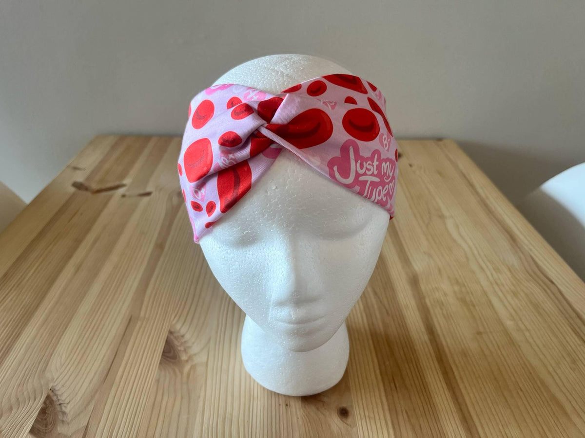 Wide Turban Twist Headband Hairband- Red and Pink Bloodtype Medical Print Phlebotomy Bloodwork Hematology