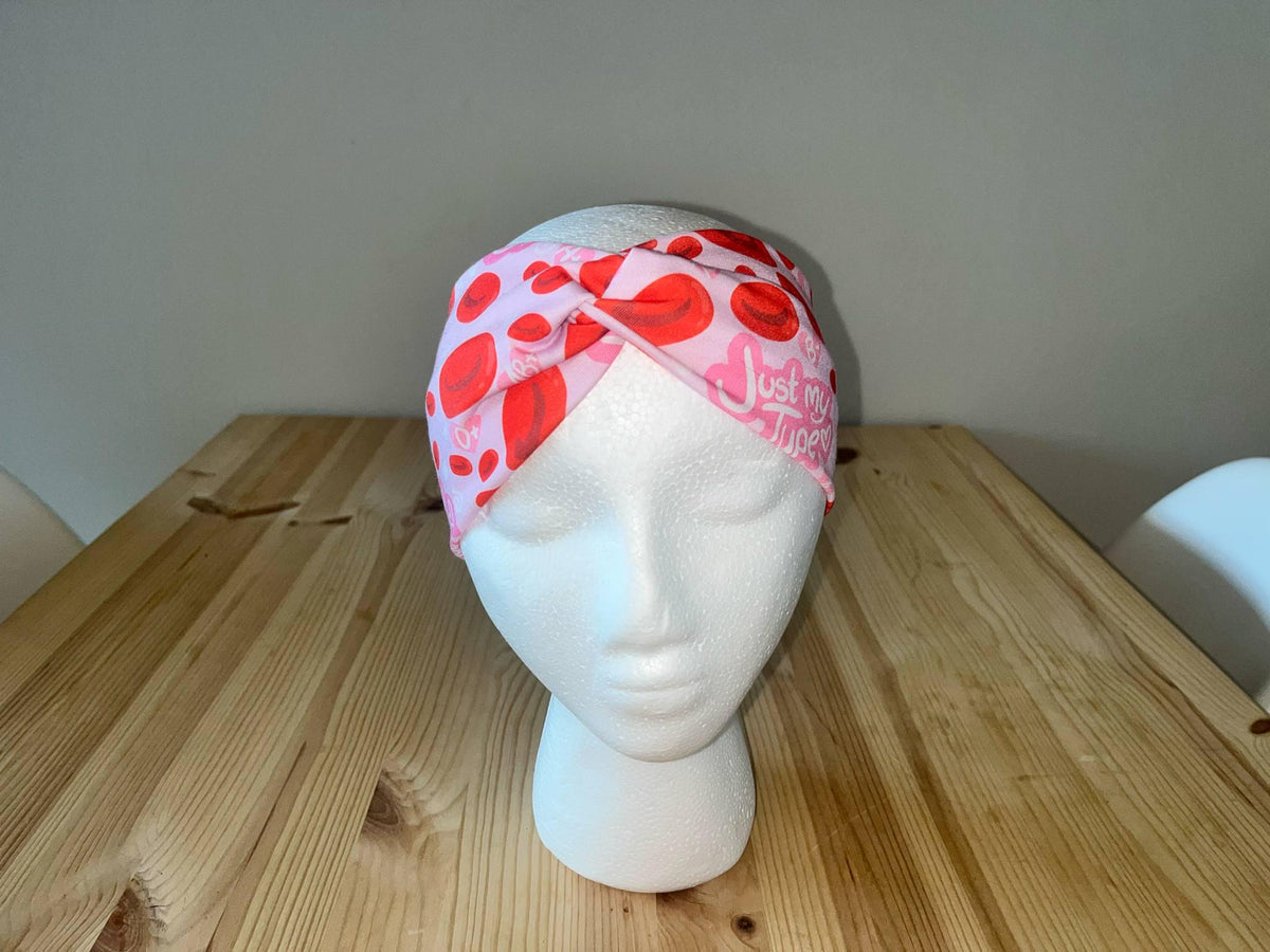 Wide Turban Twist Headband Hairband- Red and Pink Bloodtype Medical Print Phlebotomy Bloodwork Hematology
