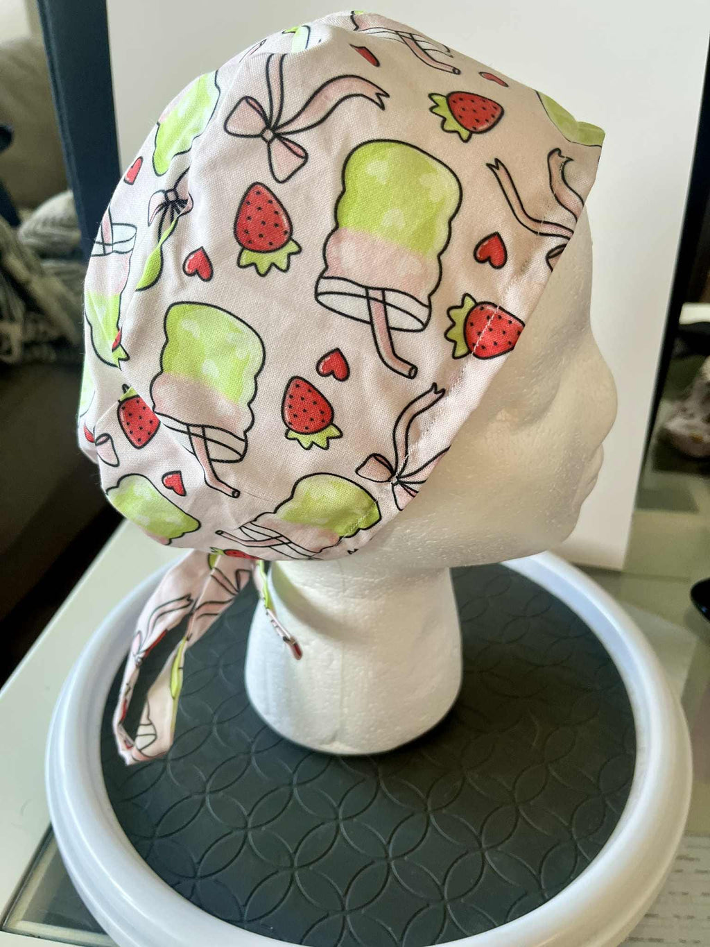 Strawberry Matcha Print Scrub Cap: Cotton Tie-Back Medical Hat