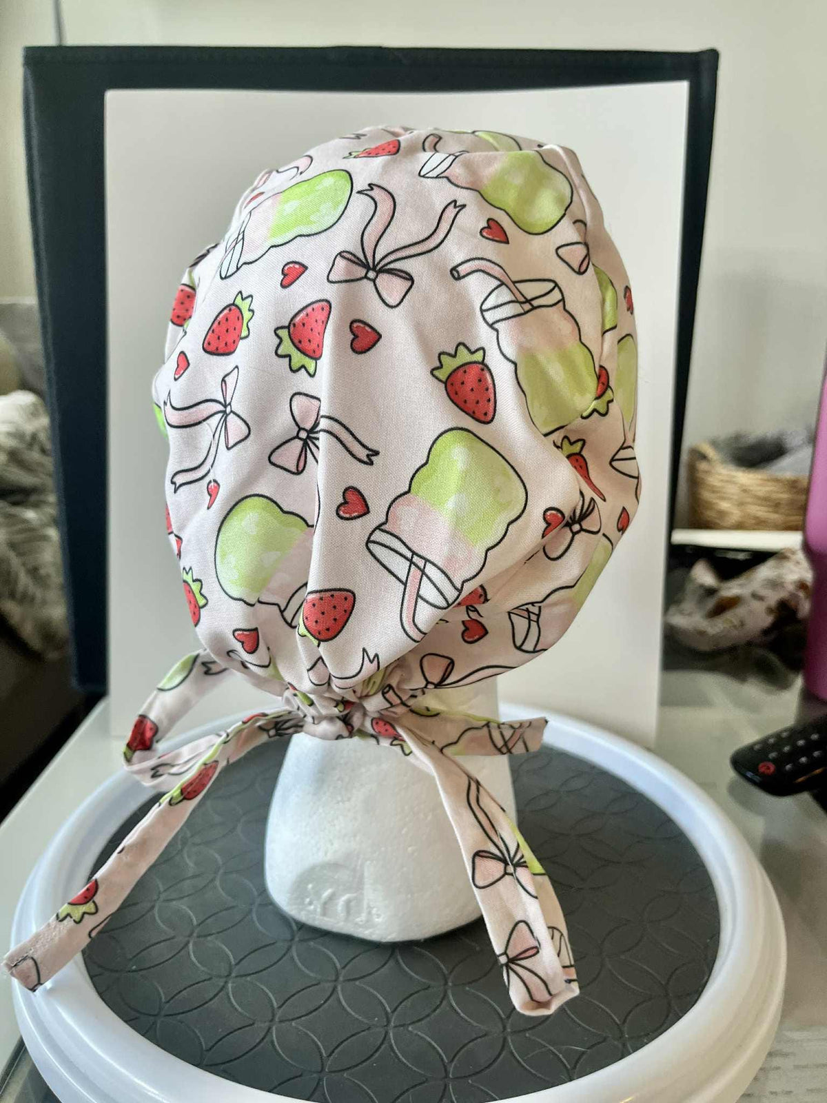 Strawberry Matcha Print Scrub Cap: Cotton Tie-Back Medical Hat
