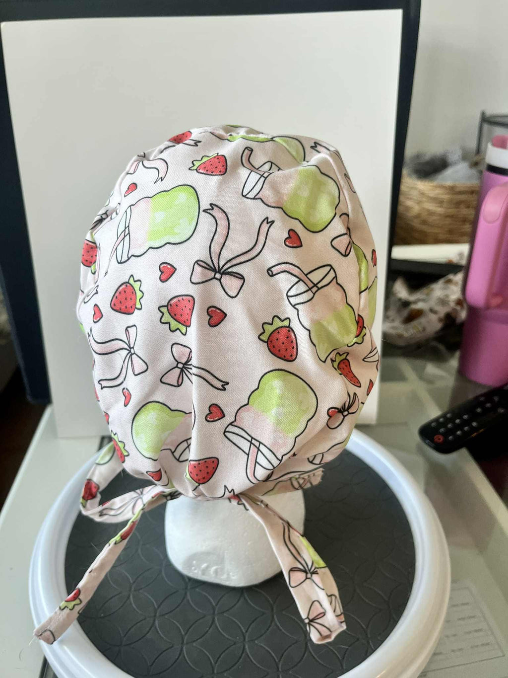 Strawberry Matcha Print Scrub Cap: Cotton Tie-Back Medical Hat