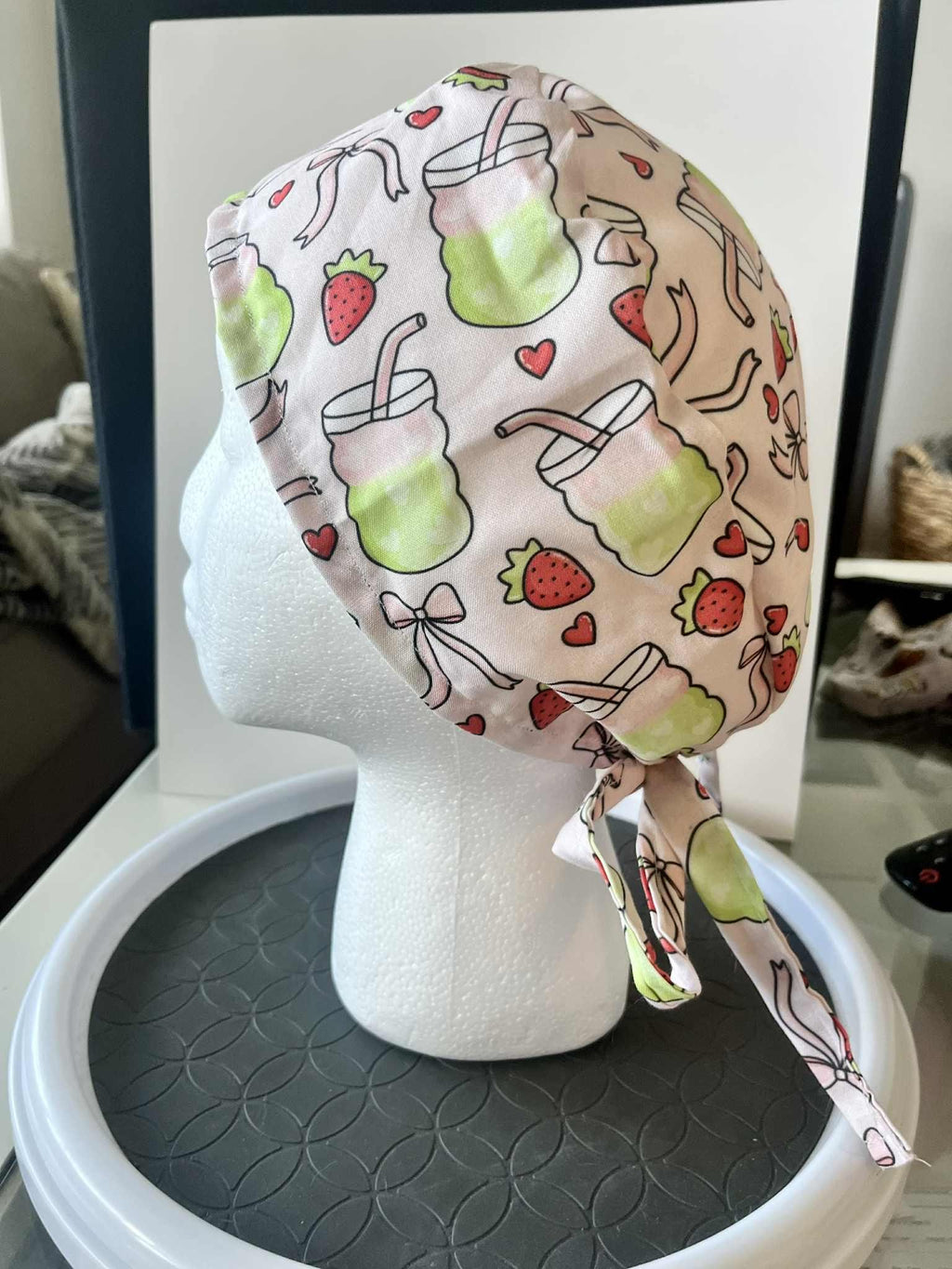 Strawberry Matcha Print Scrub Cap: Cotton Tie-Back Medical Hat