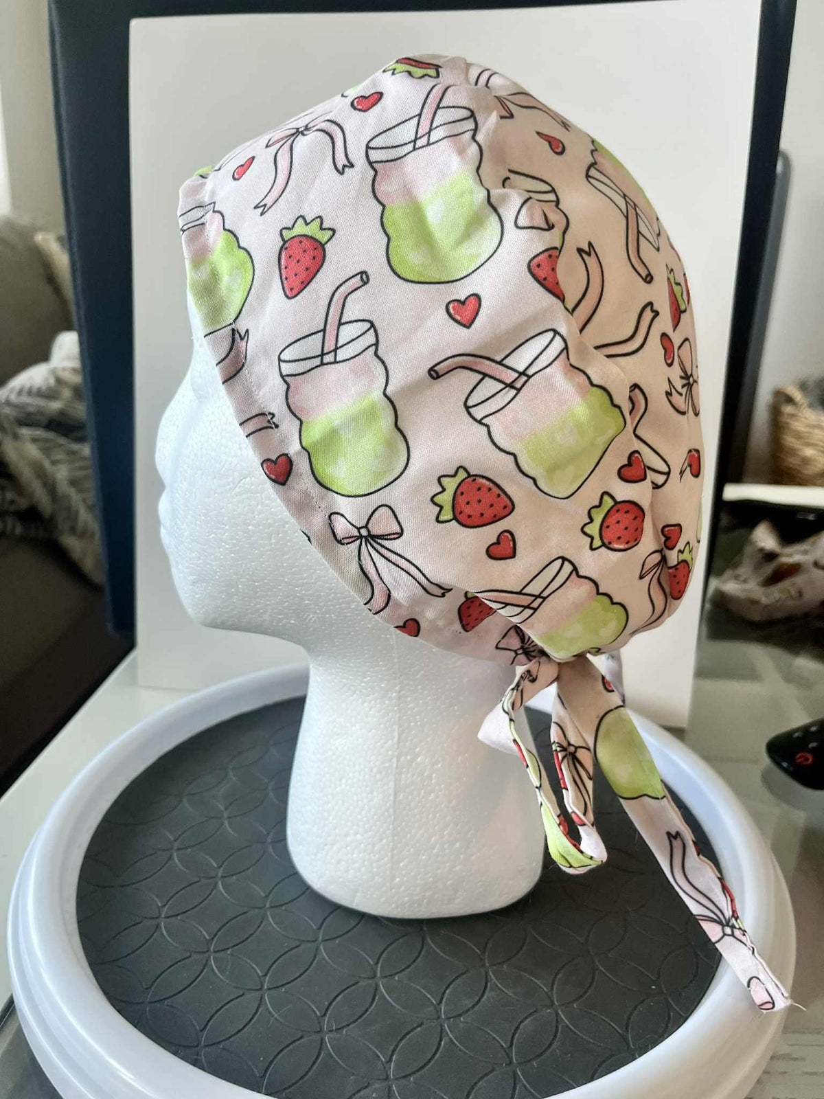 Strawberry Matcha Print Scrub Cap: Cotton Tie-Back Medical Hat