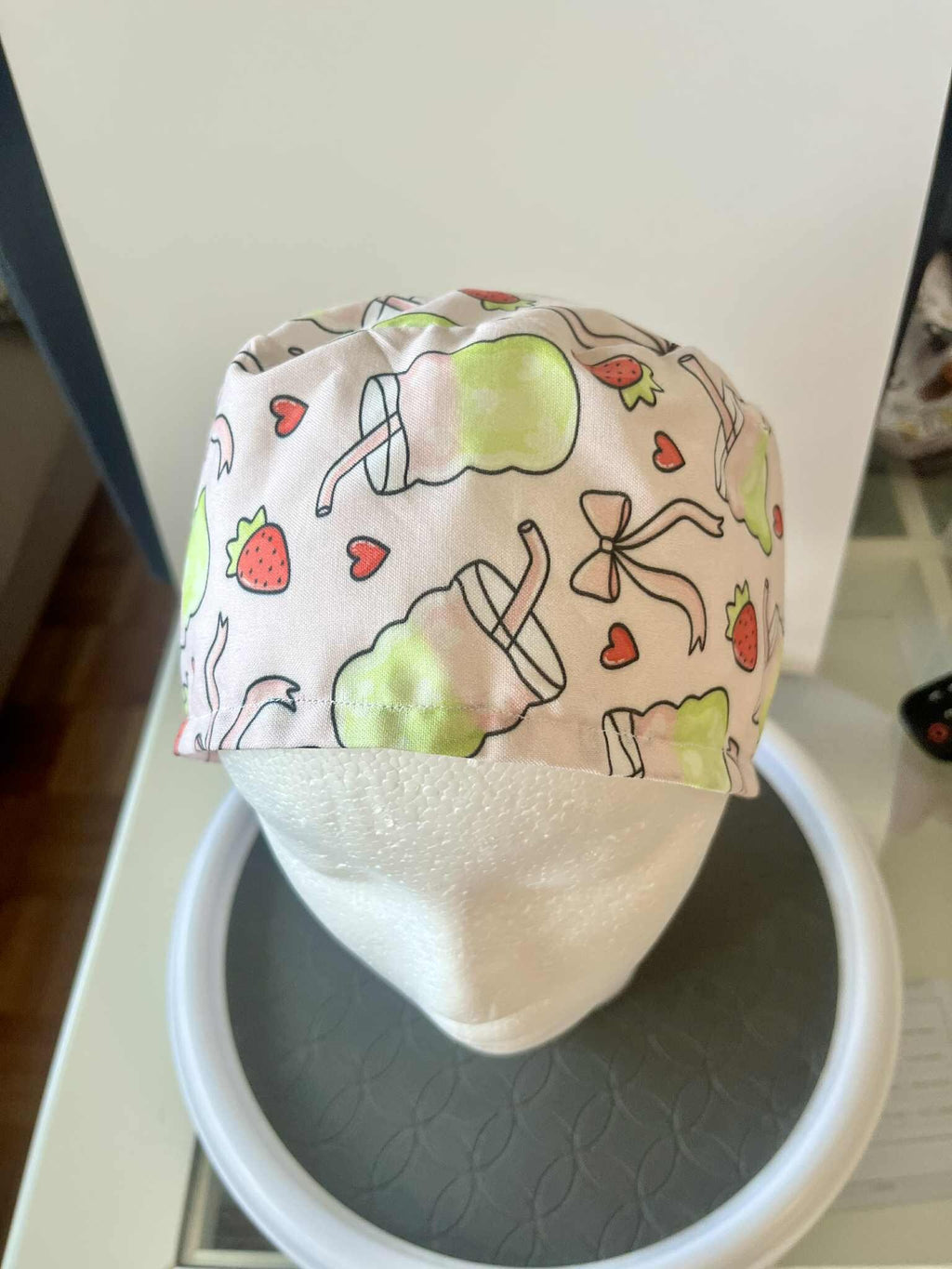 Strawberry Matcha Print Scrub Cap: Cotton Tie-Back Medical Hat