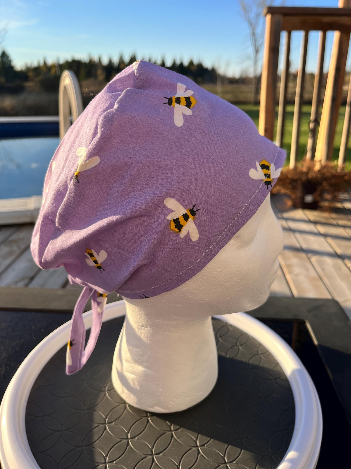 Purple Bee Print Cotton Tie Back Scrub Cap