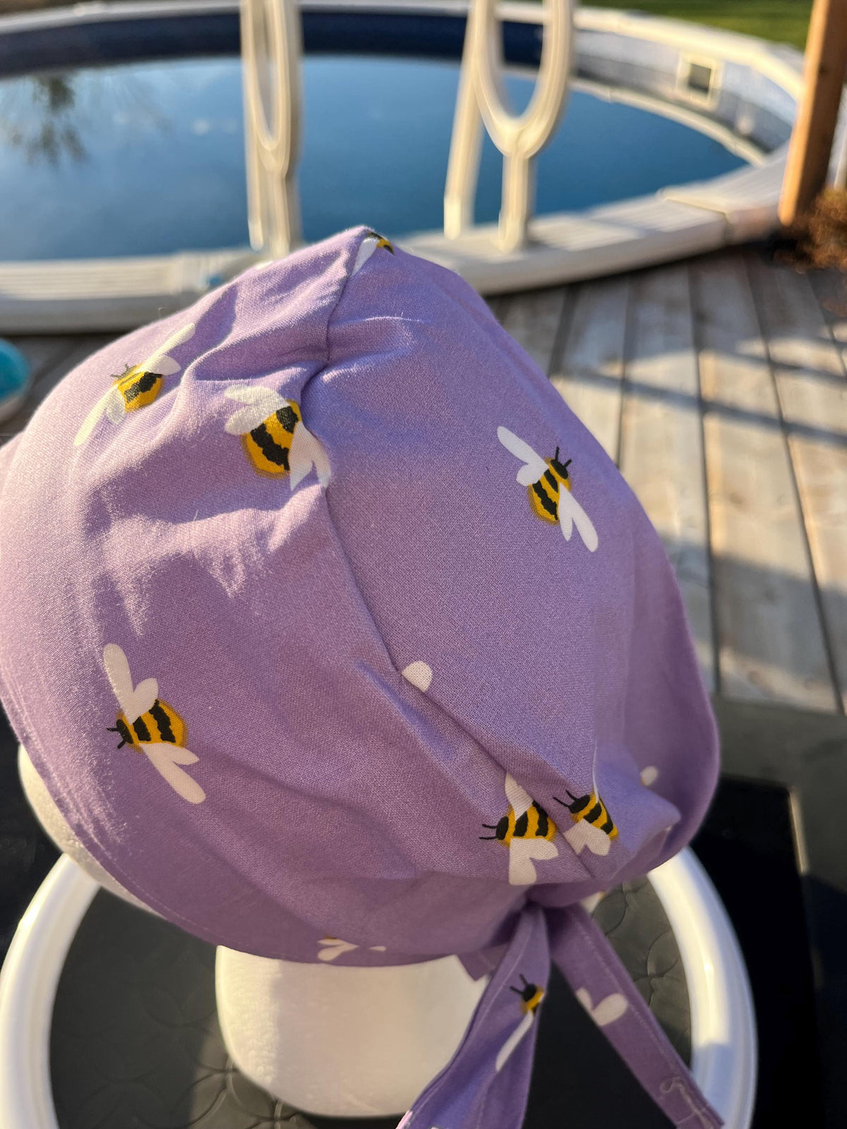 Purple Bee Print Cotton Tie Back Scrub Cap