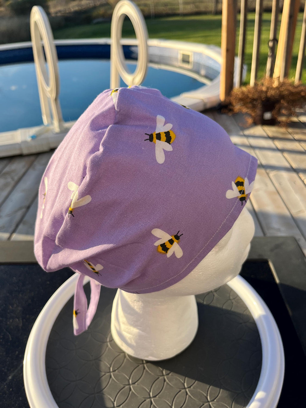 Purple Bee Print Cotton Tie Back Scrub Cap