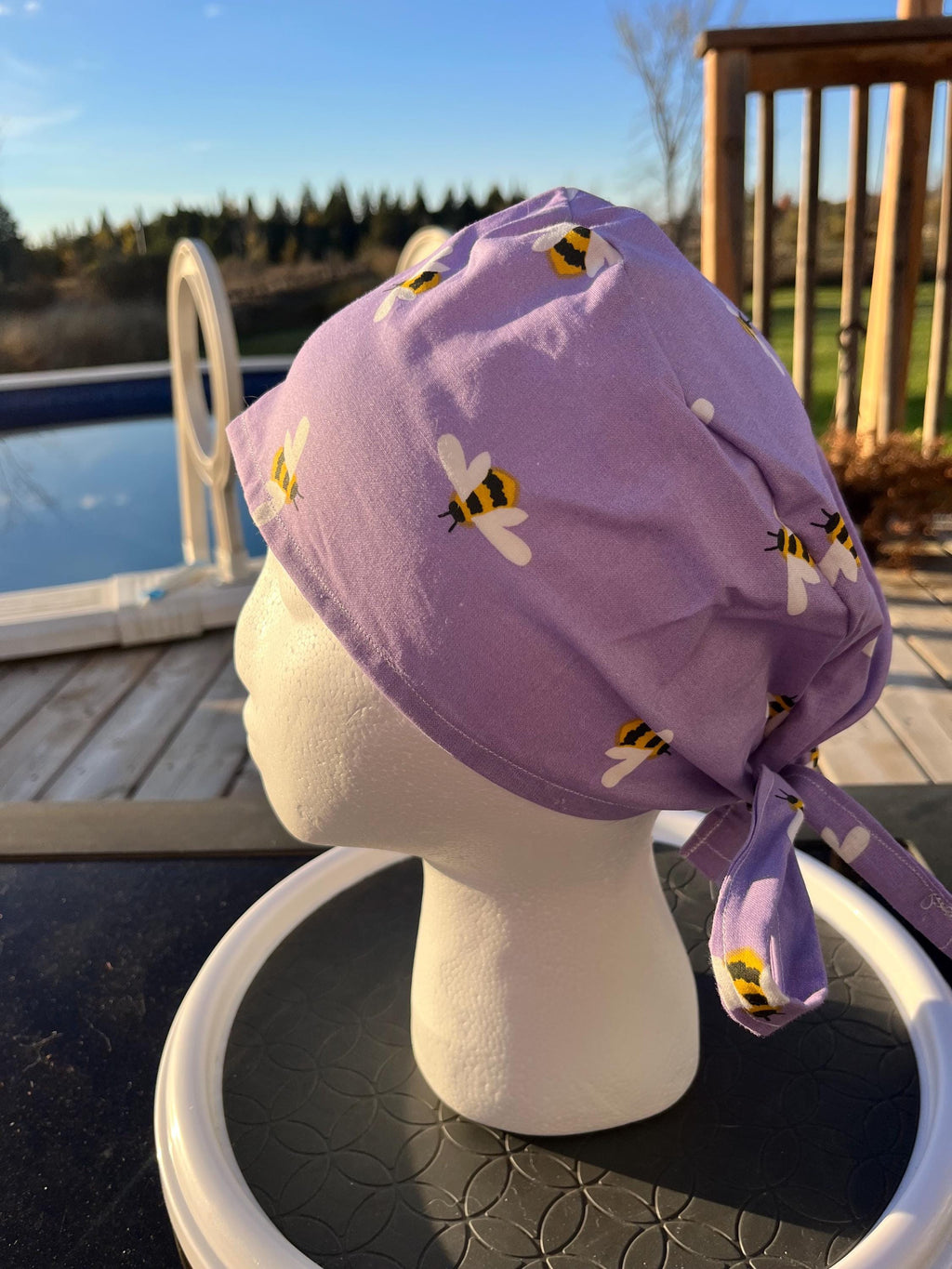 Purple Bee Print Cotton Tie Back Scrub Cap