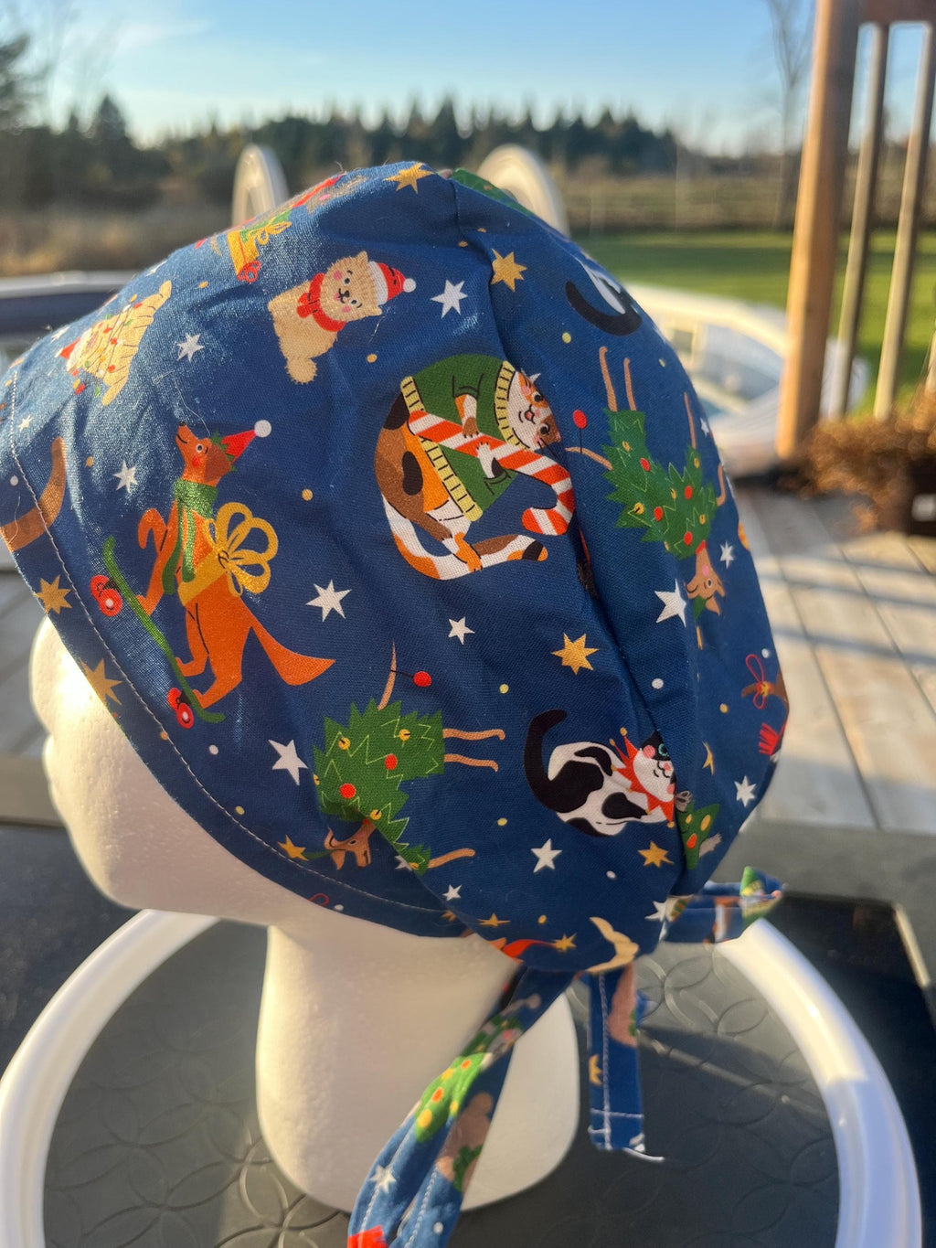 Christmas Winter Pets Cat and Dog Print Tie Back Cotton Scrub Cap