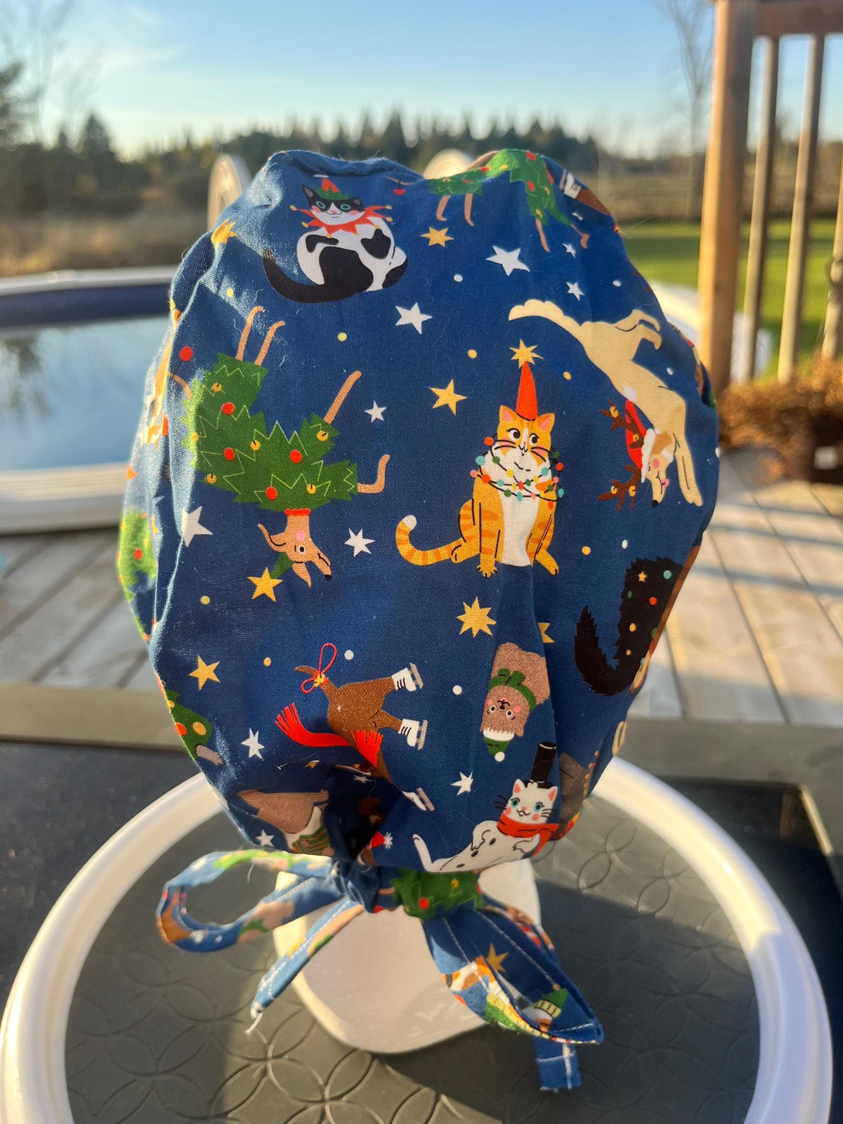 Christmas Winter Pets Cat and Dog Print Tie Back Cotton Scrub Cap