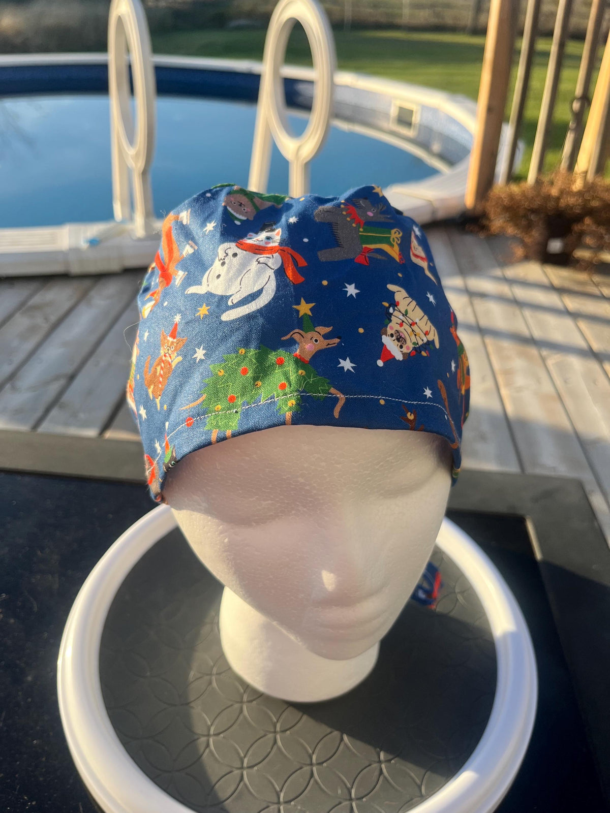 Christmas Winter Pets Cat and Dog Print Tie Back Cotton Scrub Cap
