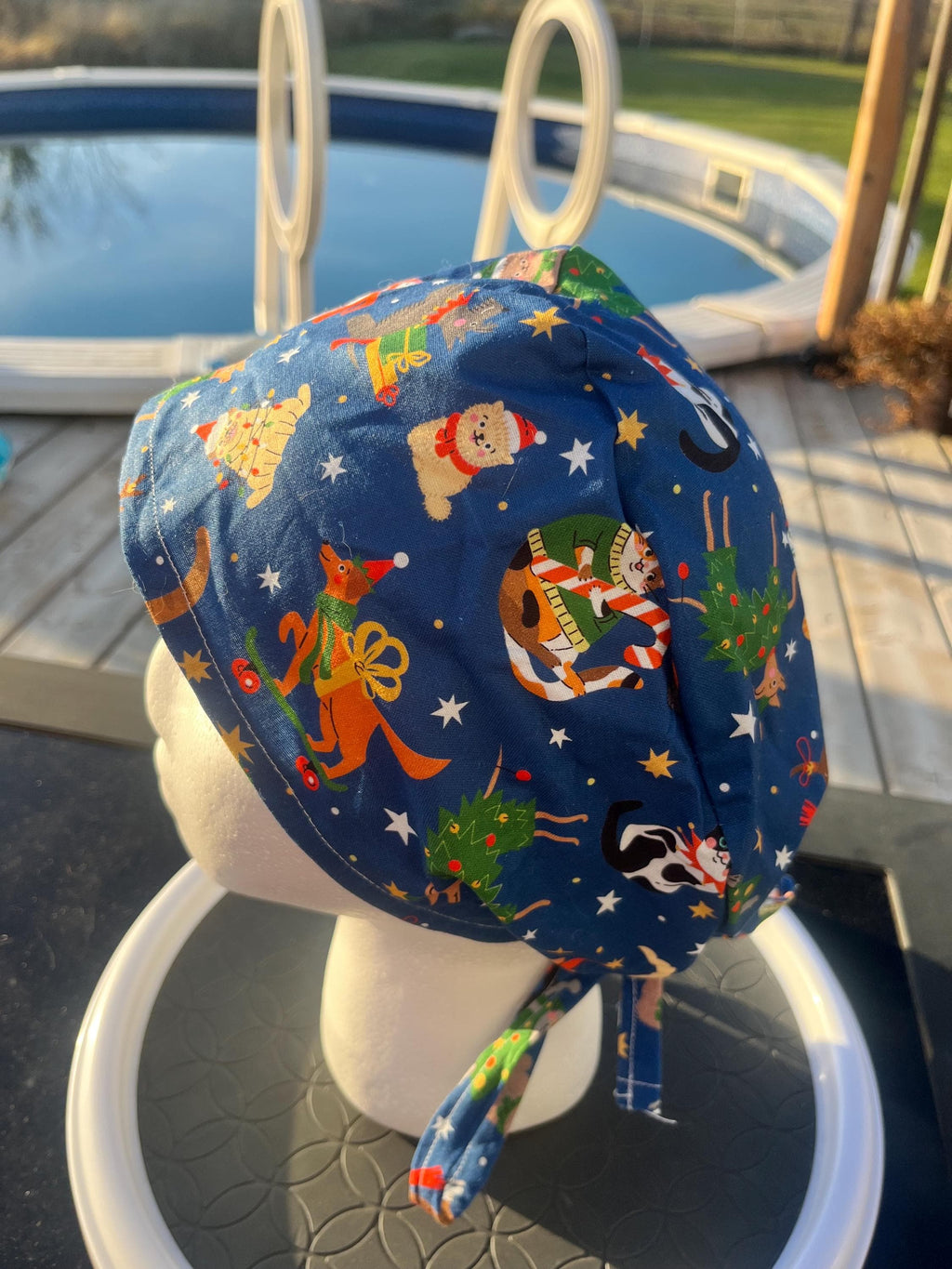 Christmas Winter Pets Cat and Dog Print Tie Back Cotton Scrub Cap