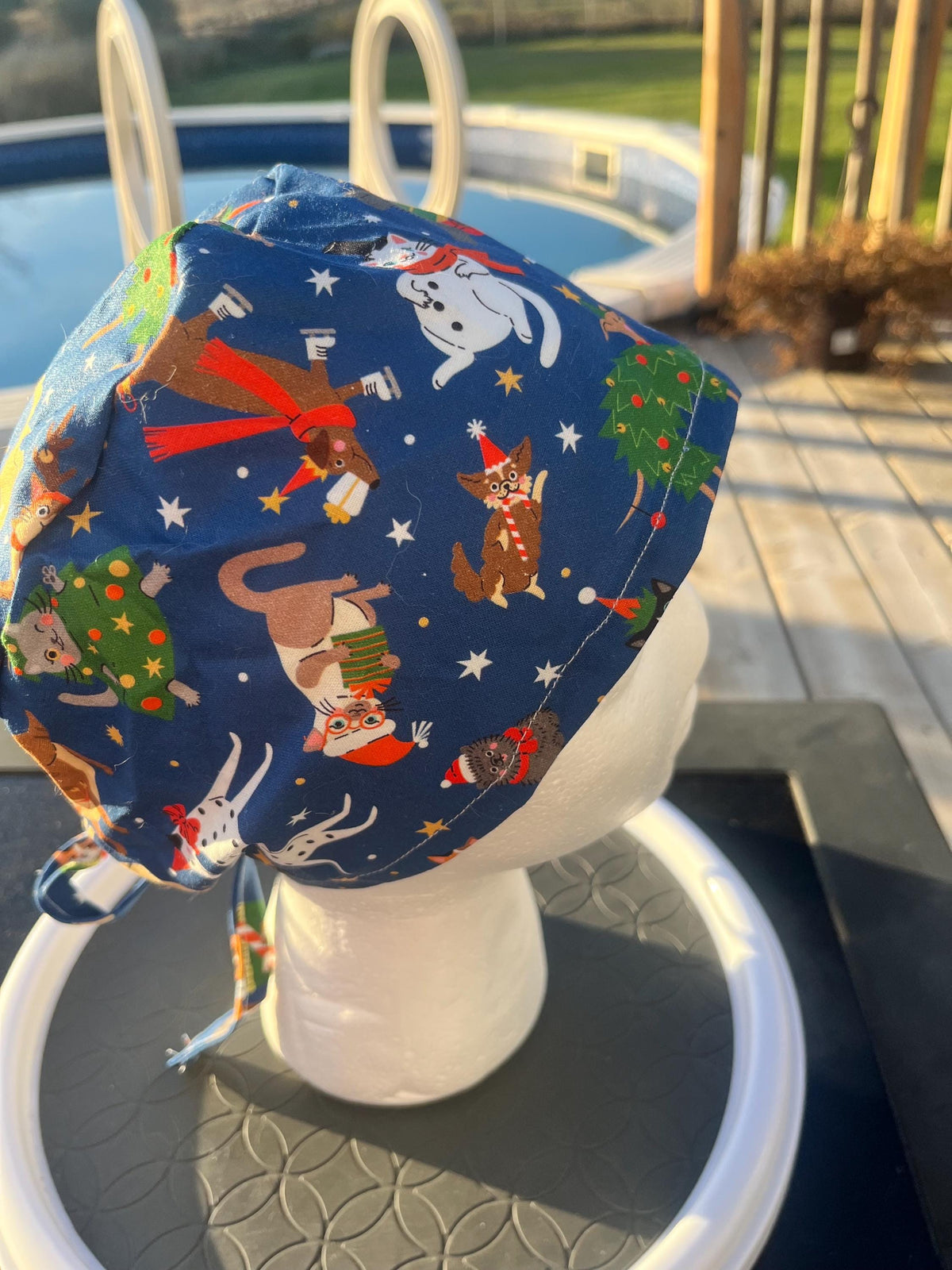 Christmas Winter Pets Cat and Dog Print Tie Back Cotton Scrub Cap