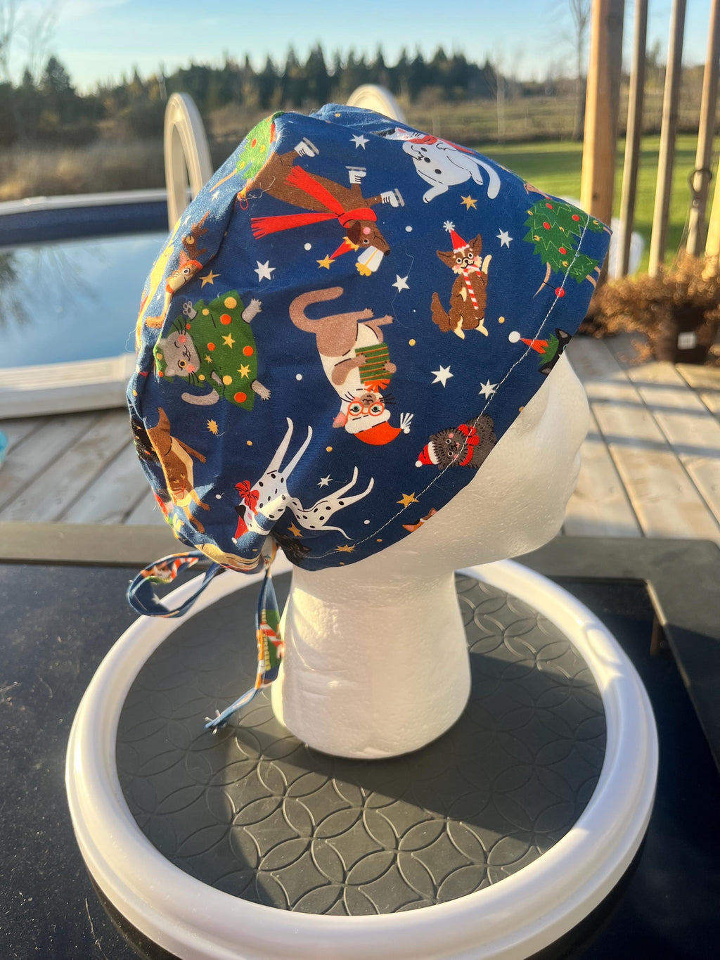 Christmas Winter Pets Cat and Dog Print Tie Back Cotton Scrub Cap