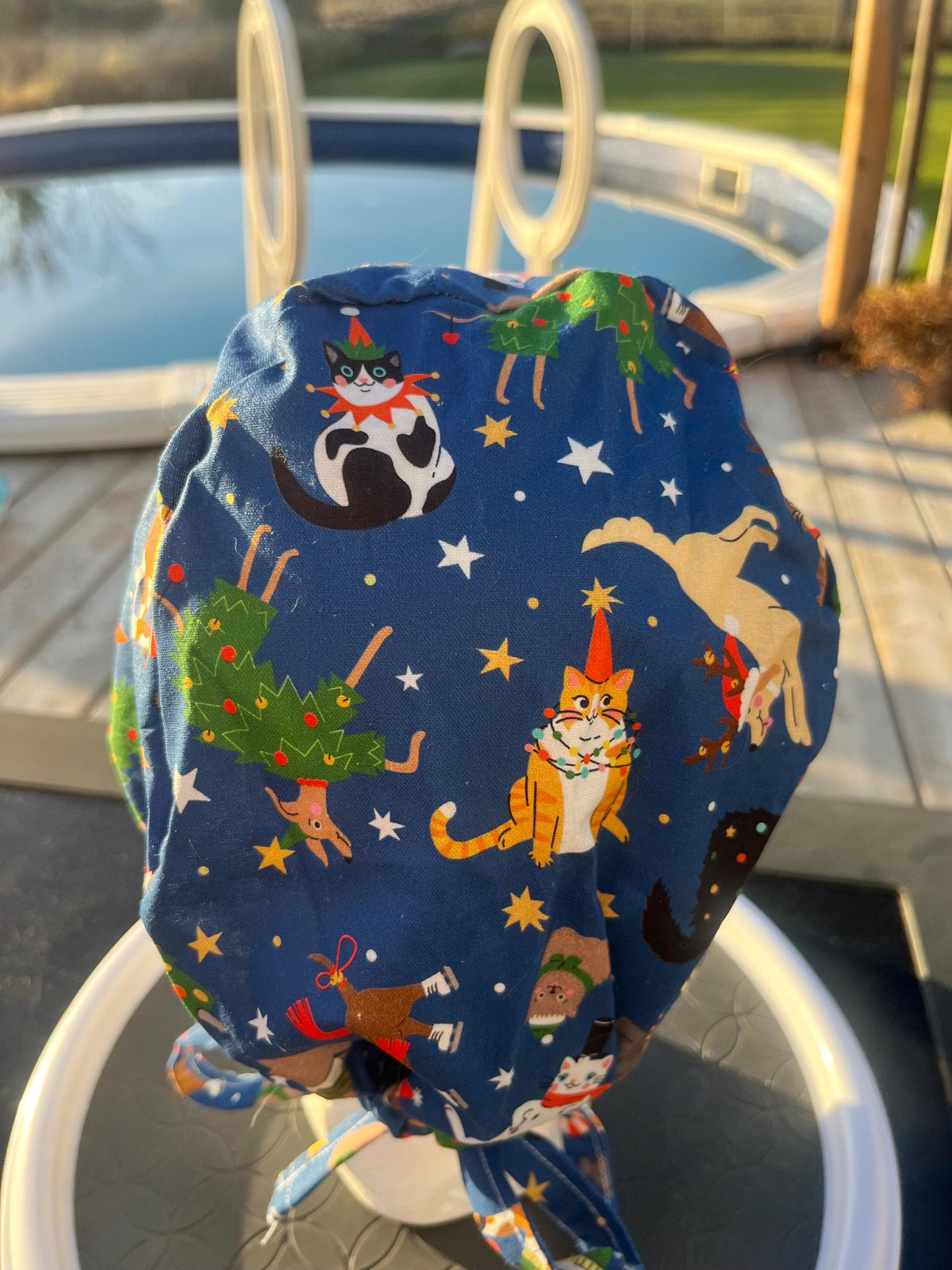 Christmas Winter Pets Cat and Dog Print Tie Back Cotton Scrub Cap