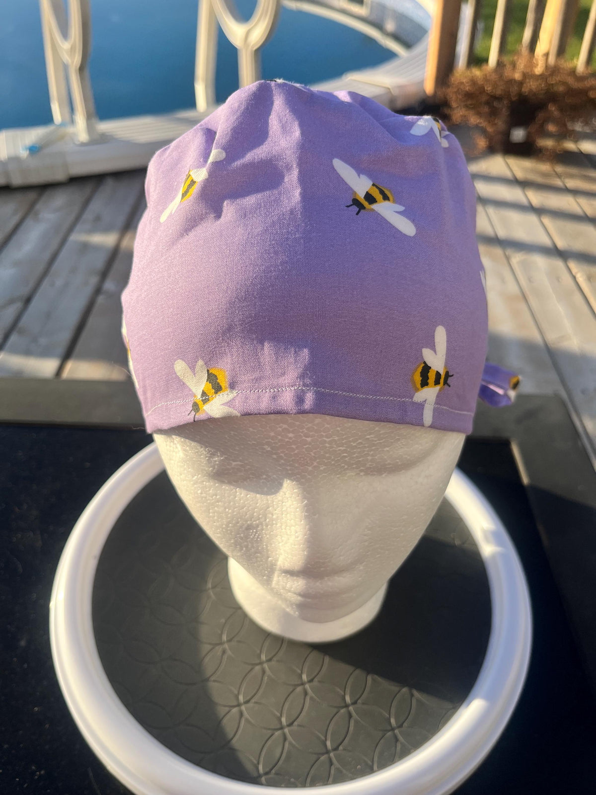 Purple Bee Print Cotton Tie Back Scrub Cap