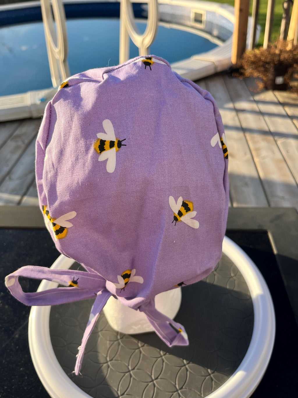 Purple Bee Print Cotton Tie Back Scrub Cap