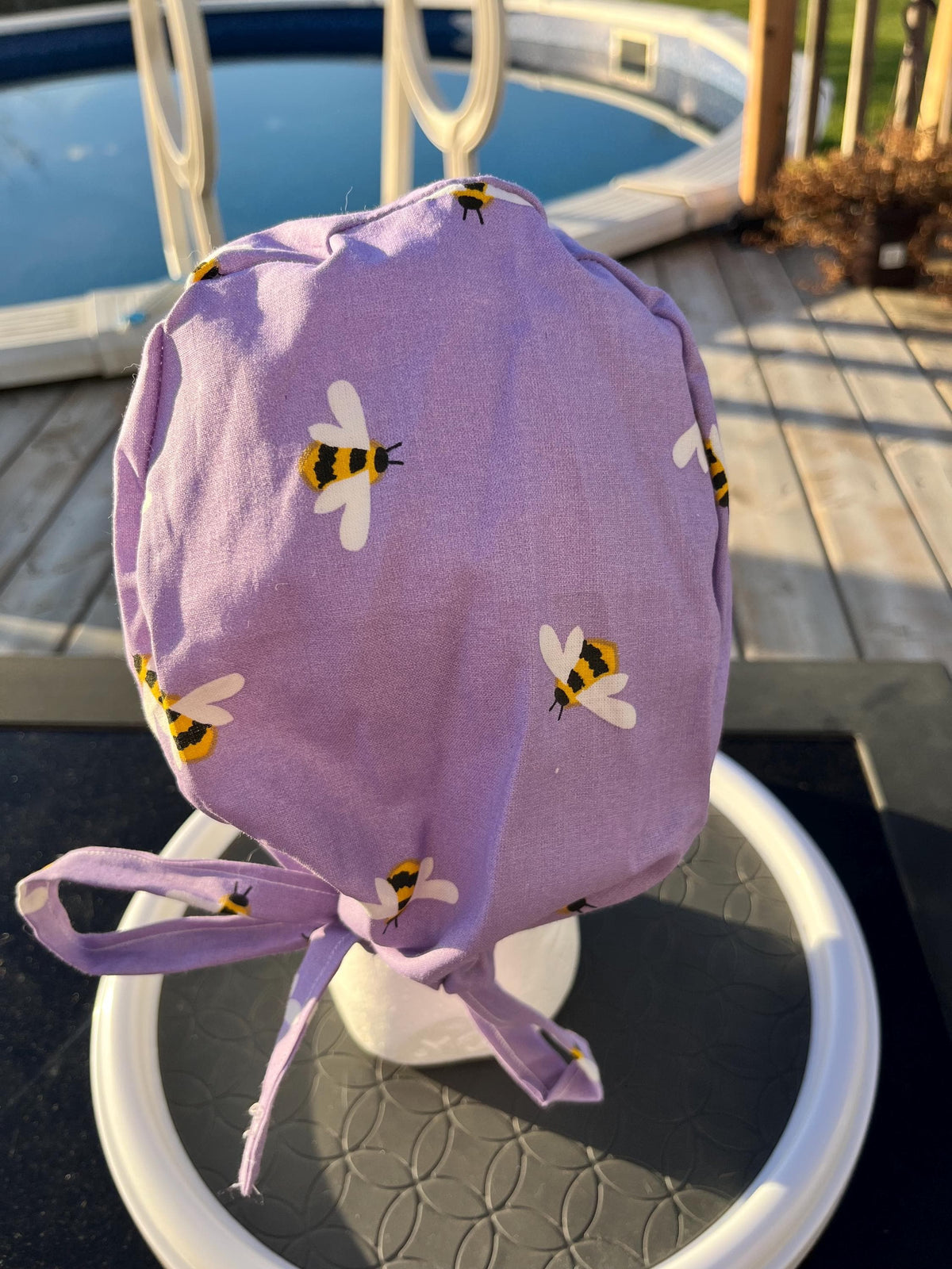 Purple Bee Print Cotton Tie Back Scrub Cap
