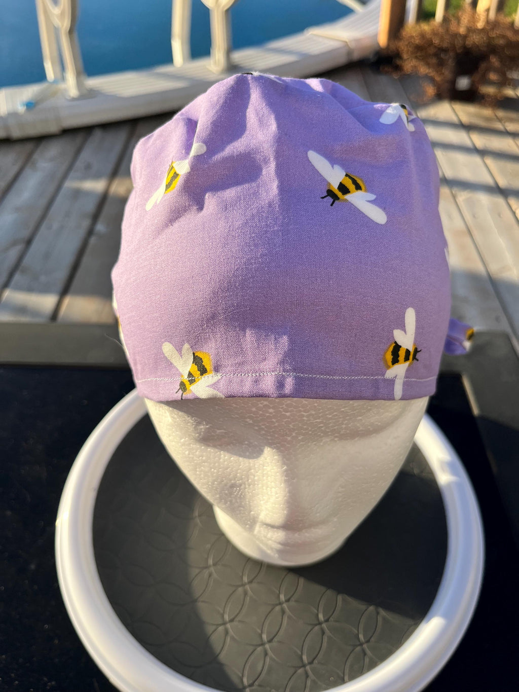 Purple Bee Print Cotton Tie Back Scrub Cap