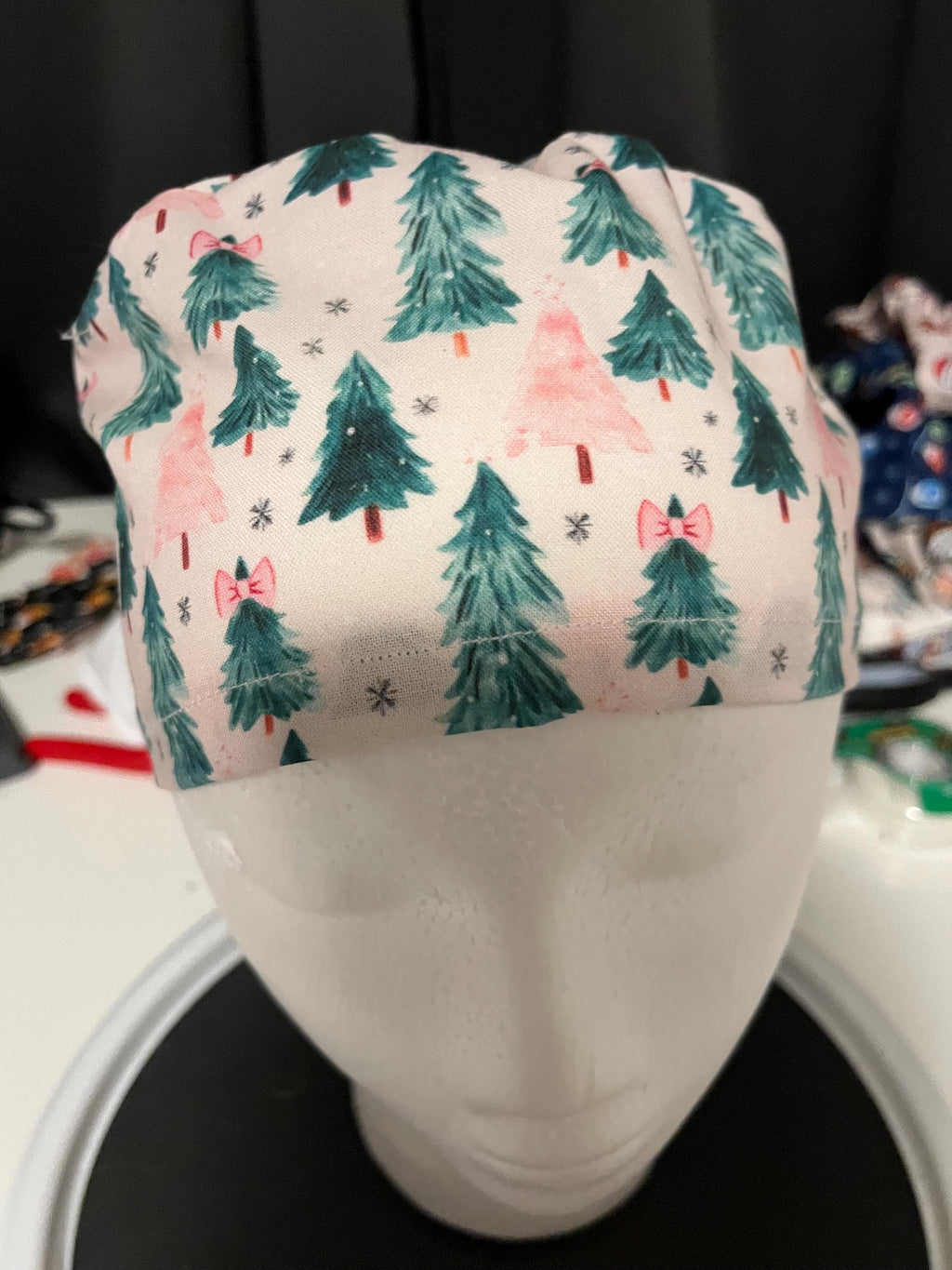 Pink and Green Coquette Christmas Tree Winter Bow Print Euro Ponytail Scrub Cap